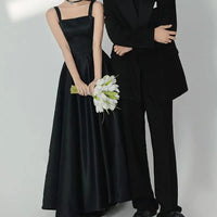 Customized A-line Wedding Dresses Fashion Spaghetti Straps Long Bridal Dress Black Satin Simple Elegant Vestidos De Novia