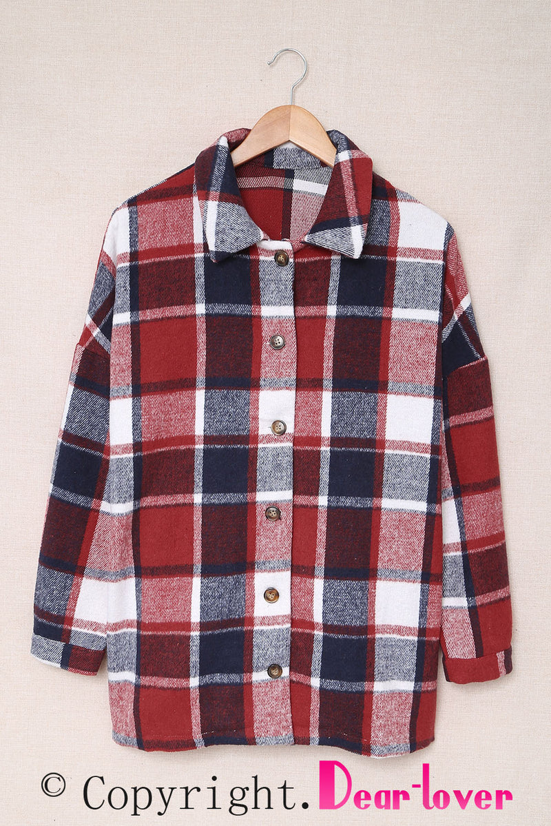 Fiery Red Plaid Print Buttoned Shirt Jacket