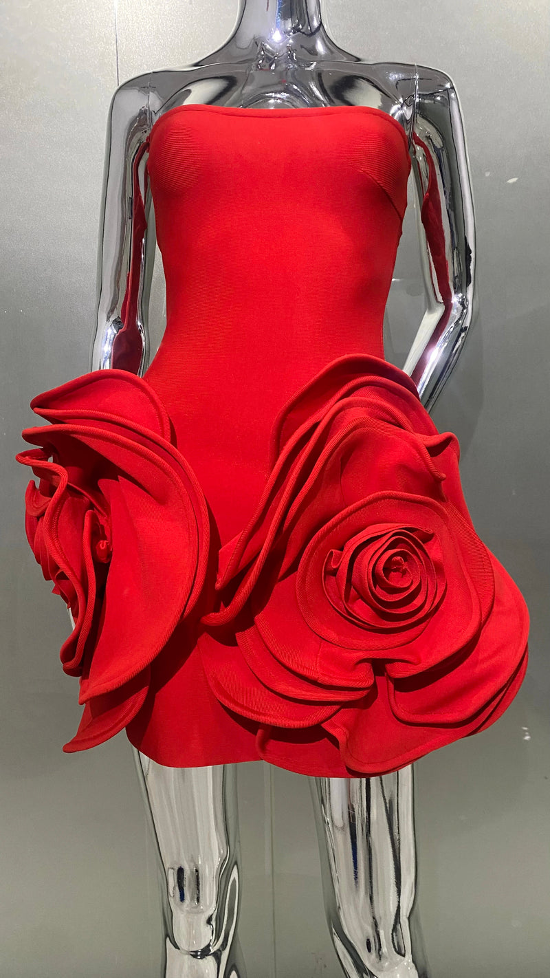 2024 Stereoscopic Flowers Strapless Red Bandage Mini Evening Dress Fashion Woman Birthday Party Dress Celebrity Party Outfit