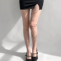 Sexy Women English Printed Stockings Dark Punk Butterfly Skin Tone Tattoo Jumpsuit Pantyhose Cosplay Lace Party Fishnets Tights