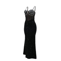 CM.YAYA Women Mesh Velvet Diamonds Sleeveless Strap Bodycon Maxi Dress Sequine Birthday Sexy Party Evening Vestidos Long Dresses