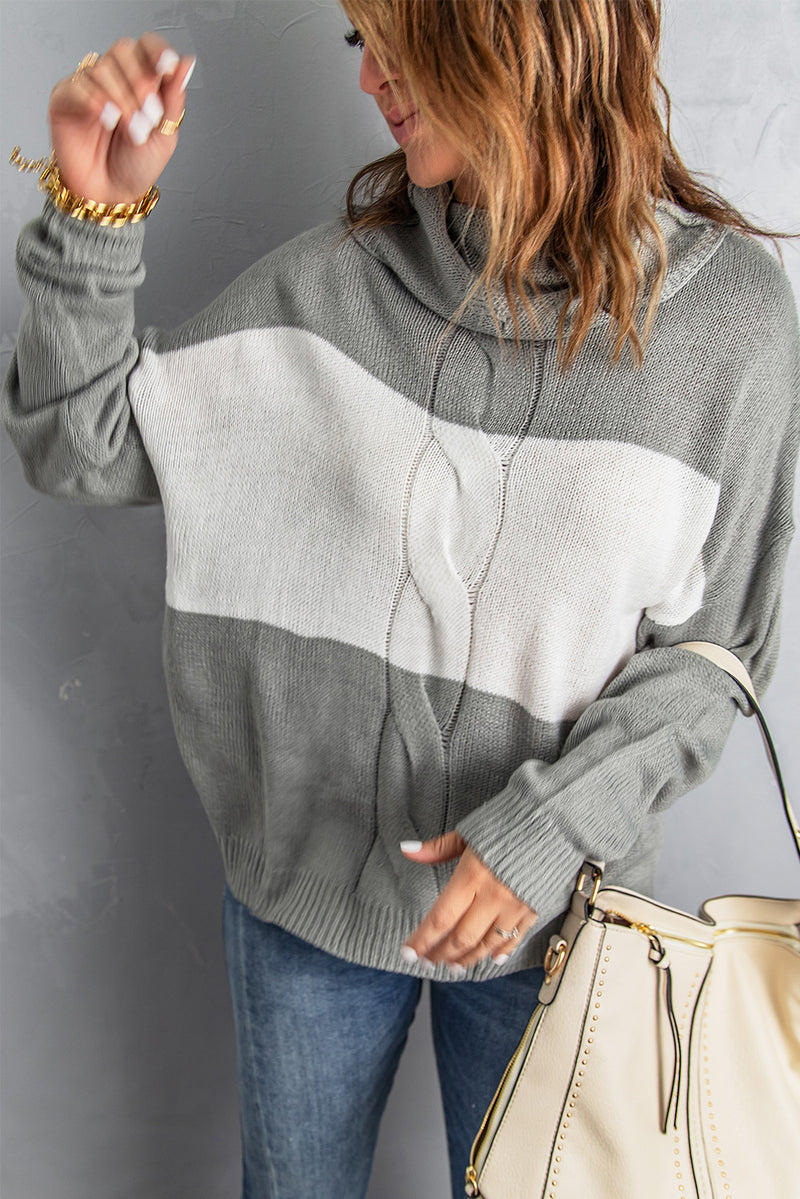 Khaki Colorblock Turtleneck Loose Knitted Sweater