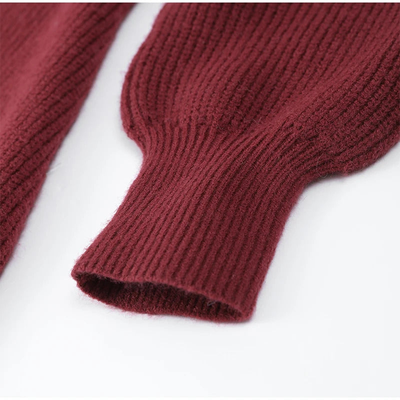 Women Burgundy Knitted Long Sweater Fashion Off-the-shoulder Pullover Long Dress Fall Winter Female Party Commuter Outfit