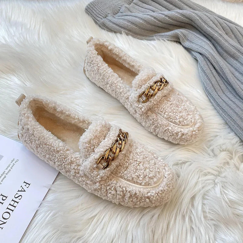 Luxury Sheep Fur Lined Loafers Women Lambswool Shoes Ladies Winter Slip On Furry Flats Cotton Wool Mocasine Femme Barefoot Boots