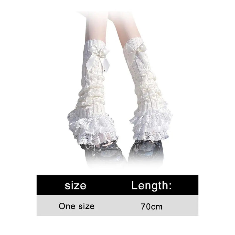 Japanese Women Knitted Leg Warmer Bow Tiered Ruffled Socks Girl Lace Lolita Socks Calf T-shaped Lace Leg Horn Warmers Women P1J5