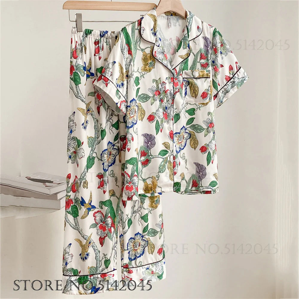 Fashion Print Flower 2PCS Pajamas Set Women Sleepwear Spring Summer Trouser Suits Lounge Wear Loose Satin Homewear Pijamas Suit