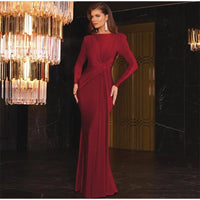 Burgundy  Sexy Pleated Lace Up Long Dress Lady Fashion Round Neck Slim Fit Long Sleeved Evening Gown 2024 New Chic Outfits