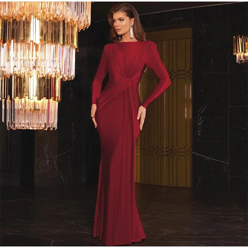 Burgundy  Sexy Pleated Lace Up Long Dress Lady Fashion Round Neck Slim Fit Long Sleeved Evening Gown 2024 New Chic Outfits