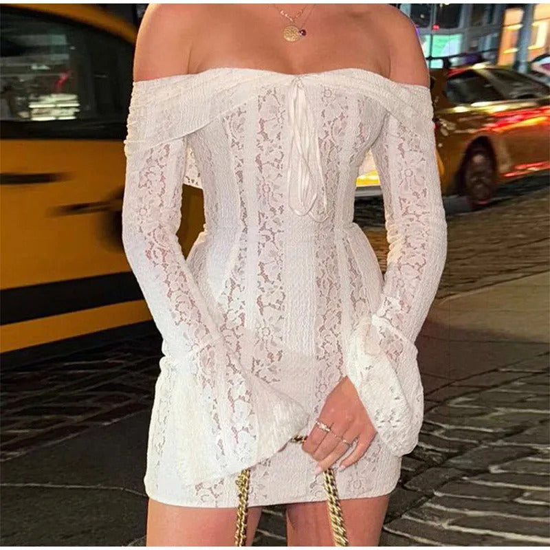 White Floral Lace Off-shoulder Maxi Dress For Women Elegant Strapless Backless Long Sleeve Bodycon Robes 2024 Lady Party Dresses