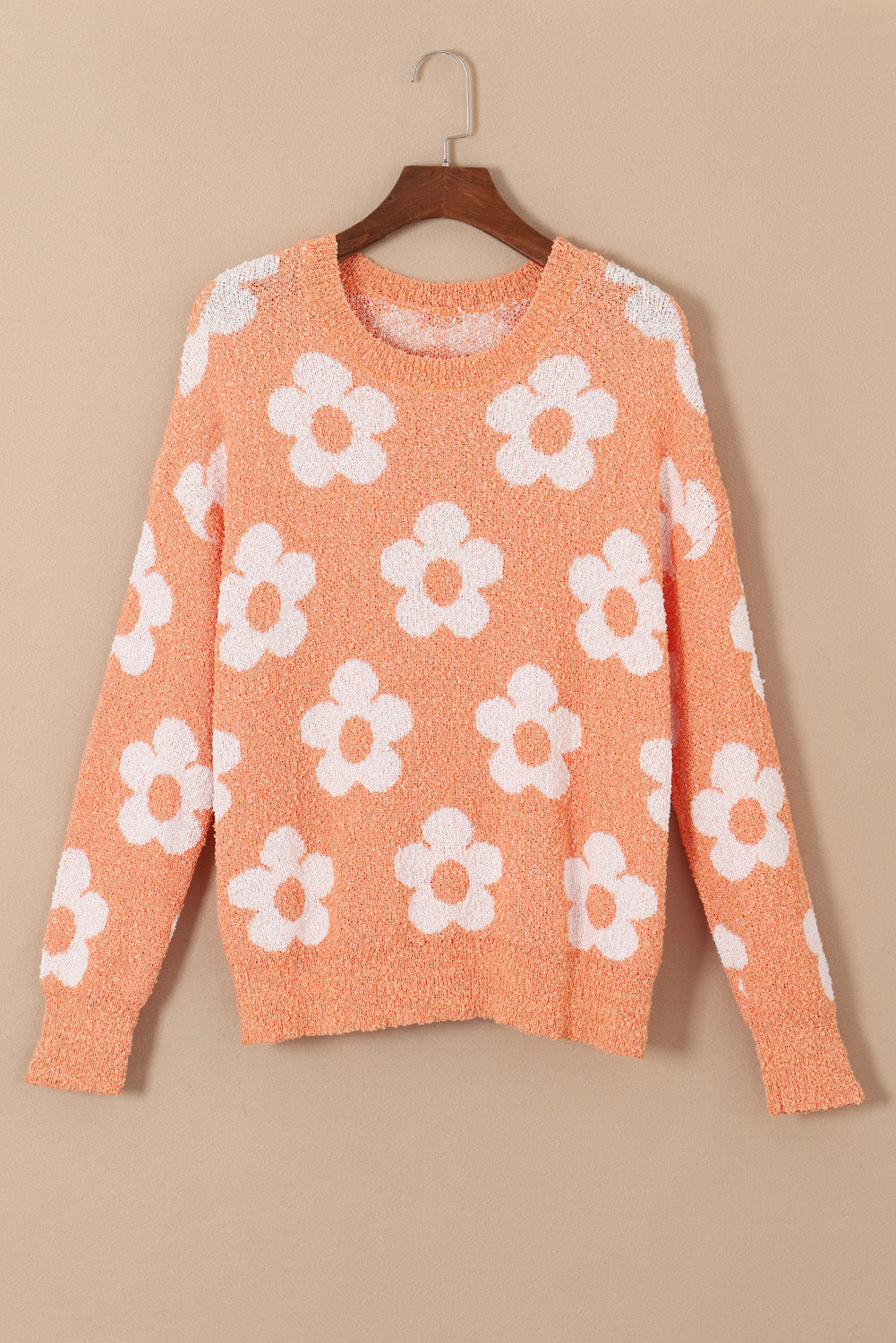 Grapefruit Orange Fuzzy Floral Knitted Drop Shoulder Sweater