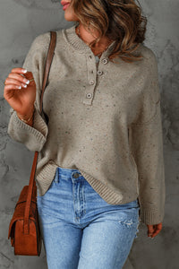 Khaki Buttoned V Neck Colorful Pilling Sweater