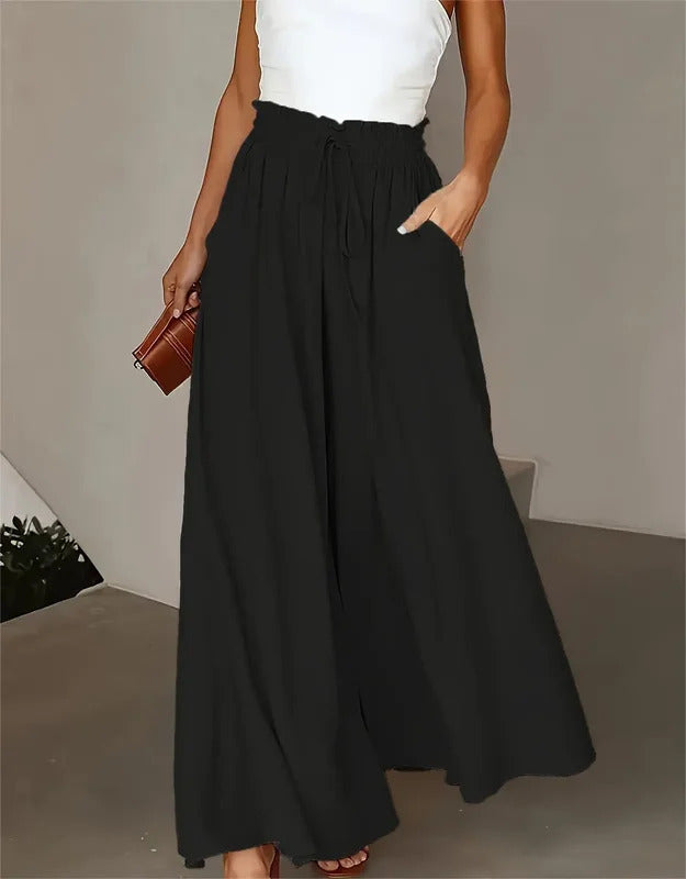 Plus Size Wide Leg Pants Comfortable Slight Stretch FabricElegant Solid Color Design Po    cket DetailsDrawstring Elastic Wai