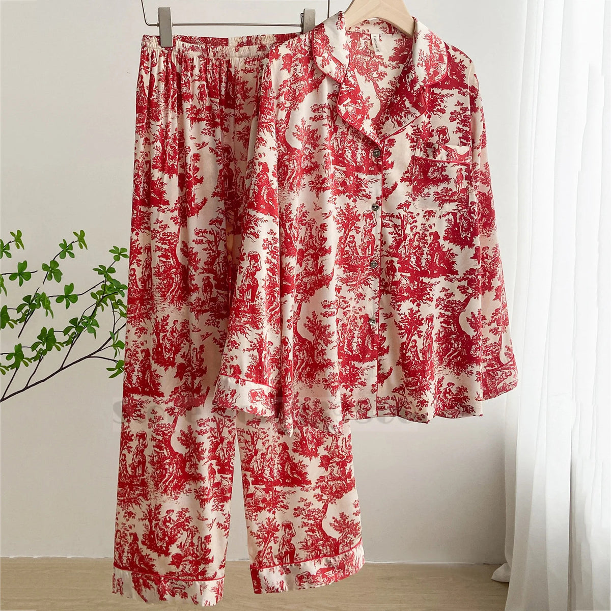 Fashion Print Flower 2PCS Pajamas Set Women Sleepwear Spring Summer Trouser Suits Lounge Wear Loose Satin Homewear Pijamas Suit