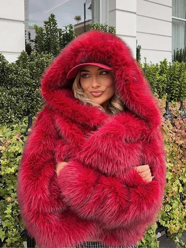 Women Fashion Turn-down Collar Winter Warm Jacket 2025 Christmas Red Hooded Fluffy Faux Fur Coats Casual High Street Outerwear