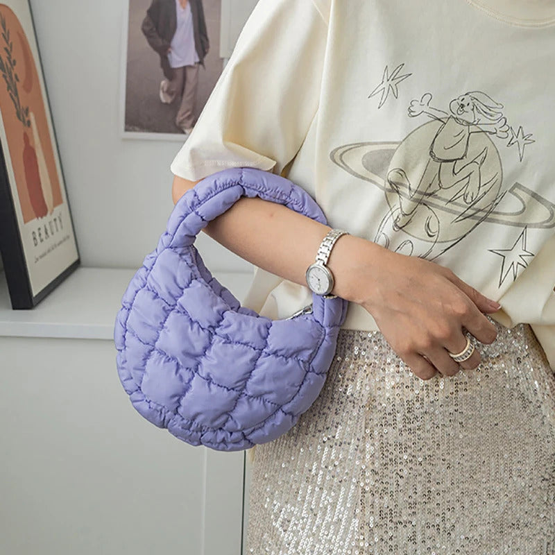 Fashion Mini Puffer Tote Bag Quilted Circle Phone Purse Elegant Purple Soft Nylon Padded Key Pouch Simple Trend Handbag