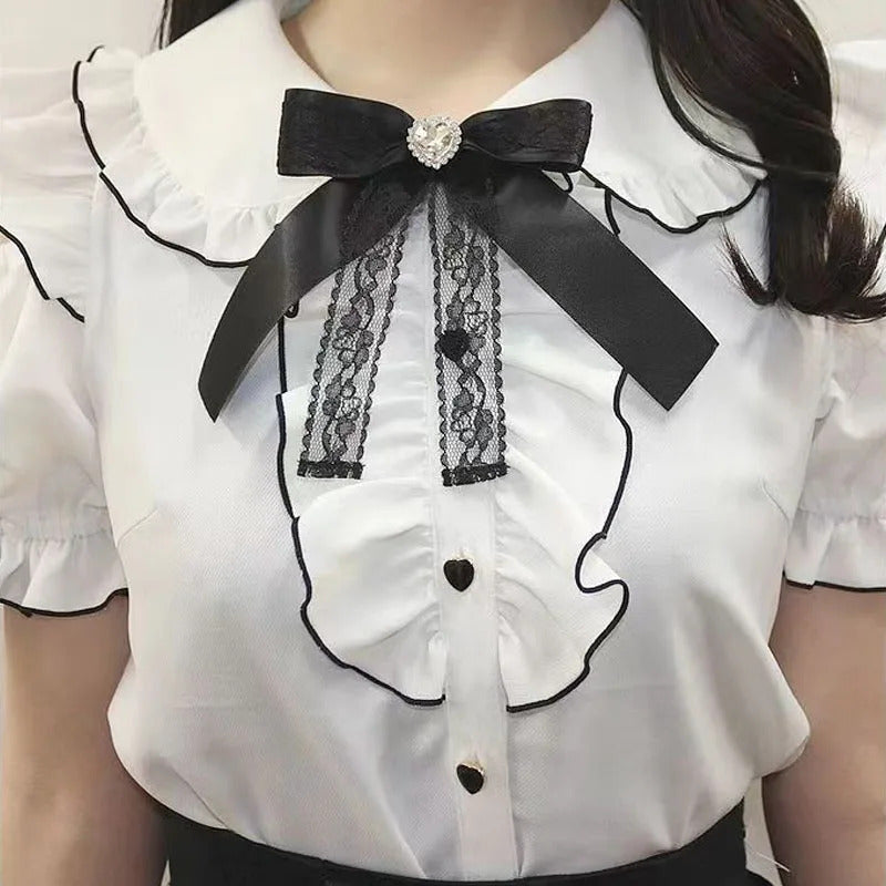 Gothic Lolita Blouses Women Sweet Bow Off Shoulder JK Shirt Japanese Girls Elegant Love Heart Lace Ruffles Blusas Mujer Tops