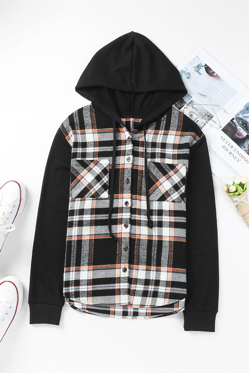 Black Plaid Buttons Long Sleeve Hooded Jacket