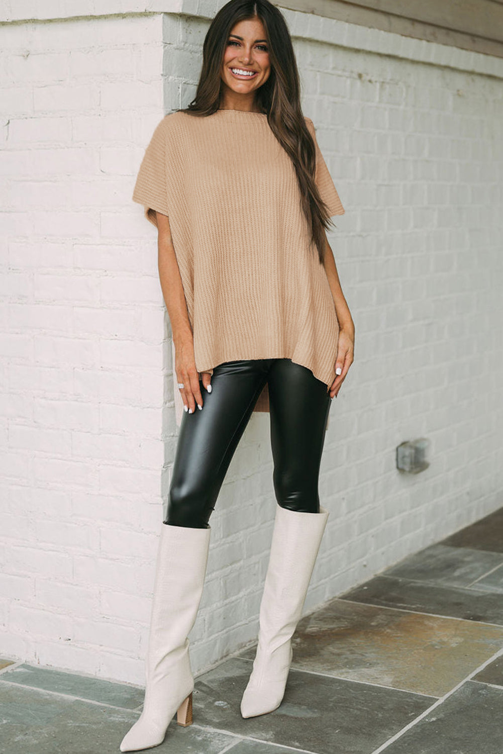 Apricot Short Sleeve Side Slit Oversized Sweater