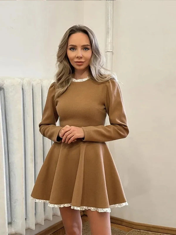 Fashion Long Sleeve Pleated Wrap Waist Bodycon Dresses Women Autumn Knitted Ruffle Patchwork Mini Dress Lady Commute Streetwear