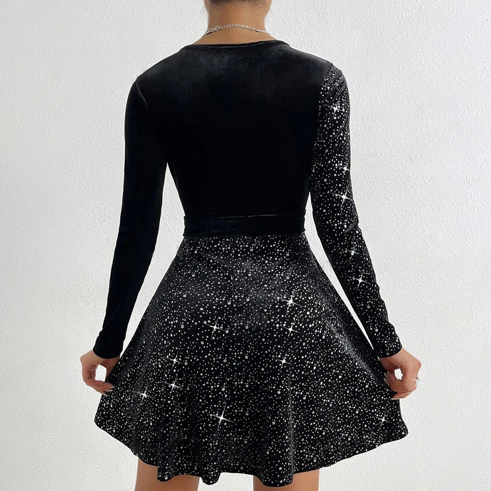 Women's Sexy V-Neck Sequin Glitter Belt Mini Dress Party Dresses Fashion Hot Sale Solid Elegant  Velvet Long Sleeve Dresses