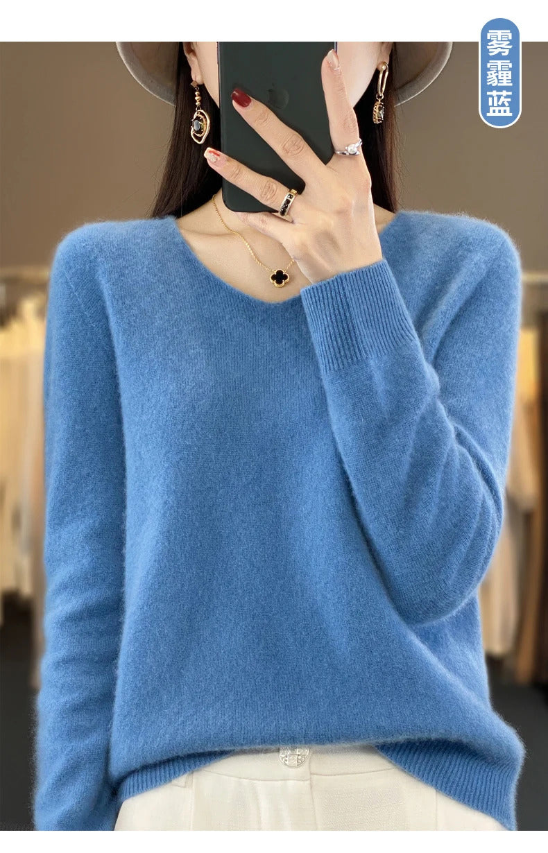 100% pure wool cashmere sweater women's V-neck pullover casual knit top autumn and winter women's coat Korean fashion