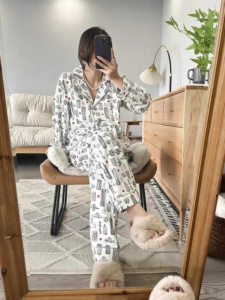 100% Cotton Pajamas for Women Loose Cartoon Long Sleeve Pants Loungewear Women 2 Piece Set Pj Women Outfit Sleepwear Set Pijamas