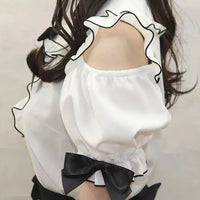 Gothic Lolita Blouses Women Sweet Bow Off Shoulder JK Shirt Japanese Girls Elegant Love Heart Lace Ruffles Blusas Mujer Tops