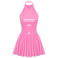 Womens Latex Swing Skirt Disco Dress Glossy Patent Leather Clubwear Halter Sleeveless Skater Mini Dress Rave Party Clubwear