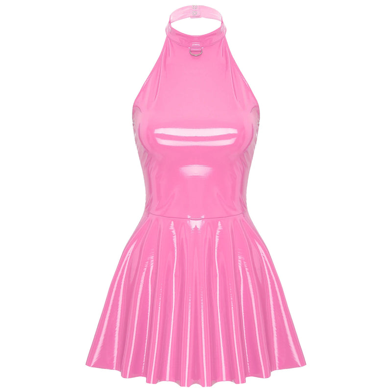 Womens Latex Swing Skirt Disco Dress Glossy Patent Leather Clubwear Halter Sleeveless Skater Mini Dress Rave Party Clubwear