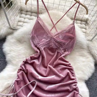 Hot Sexy V-Neck Cross Strap Dress Lace Patchwork Irregular Pleated Nightwear Women's Erotic Lingerie Backless Sleeveless Pajamas