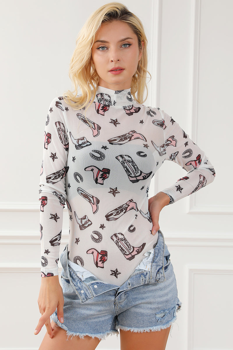 White Rodeo Bound Printed Long Sleeve Bodysuit