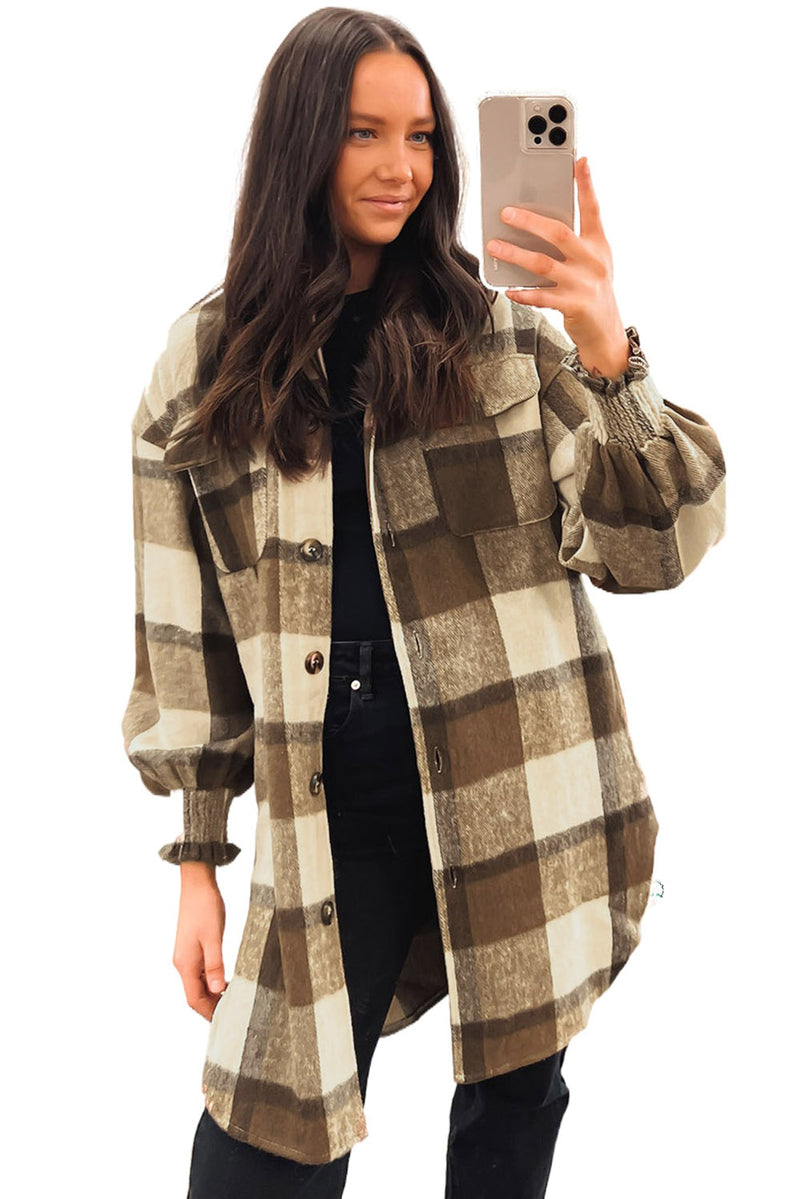 Brown Plaid Flap Pocket Smocked Cuff Shacket