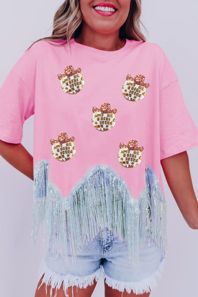 Pink Sequin Pattern Tassel Crew Neck Crop Top