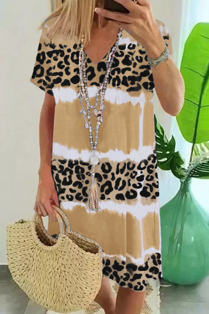 Women's Leopard Color Block V-Neck T-shirt Dress