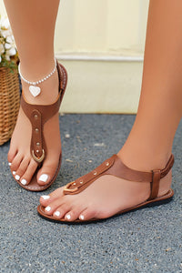 Chestnut Faux Leather Hollow Out Clip Toe Flat Sandals