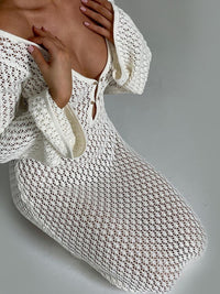 Tossy White Knit Fashion Cover up Maxi Dress Female See-Through V-Neck Hollow Out Beach Holiday Dress Knitwear Backless Dress