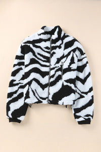 Black Zebra Teddy Zip-up High Neck Jacket