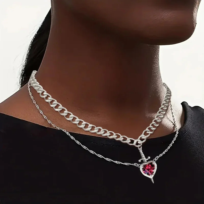 LATS 2pcs Can Be Assembled Heart and Sword Zircon Pendant Necklace for Women Men Couple Silver Gold Plated Choker Chain Jewelry