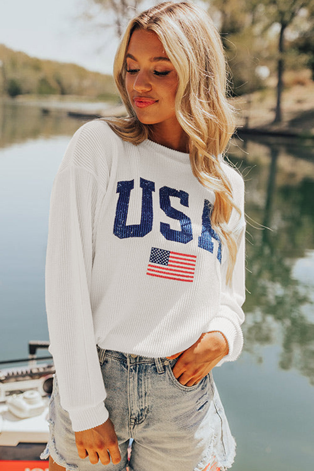 White USA Flag Corded Graphic Sweatshirt