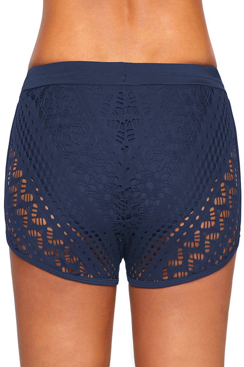 Blue Hollow Out Lace Overlay Swim Short Bottom