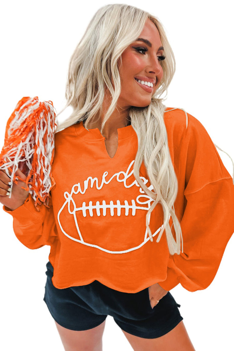 Orange Game Day Lettering Rugby Notched Neck Sweatshirt