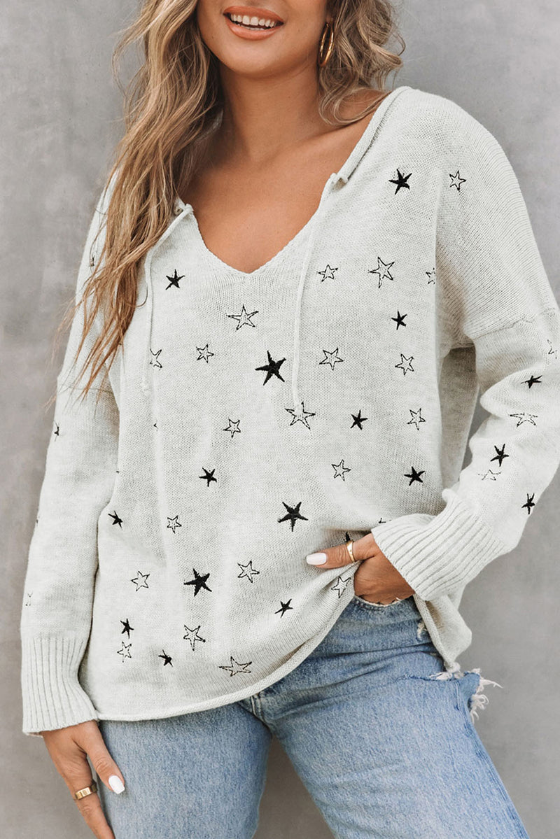 Gray Mini Starfish Embroidery Lightweight Knit Sweater