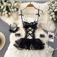 Strap Bow Hot Women Nightwear Mesh Sexy Night Dress Thin Tansparent Lace Pajamas Dress+Thong 2024 Lady Romantic Backless Nightie