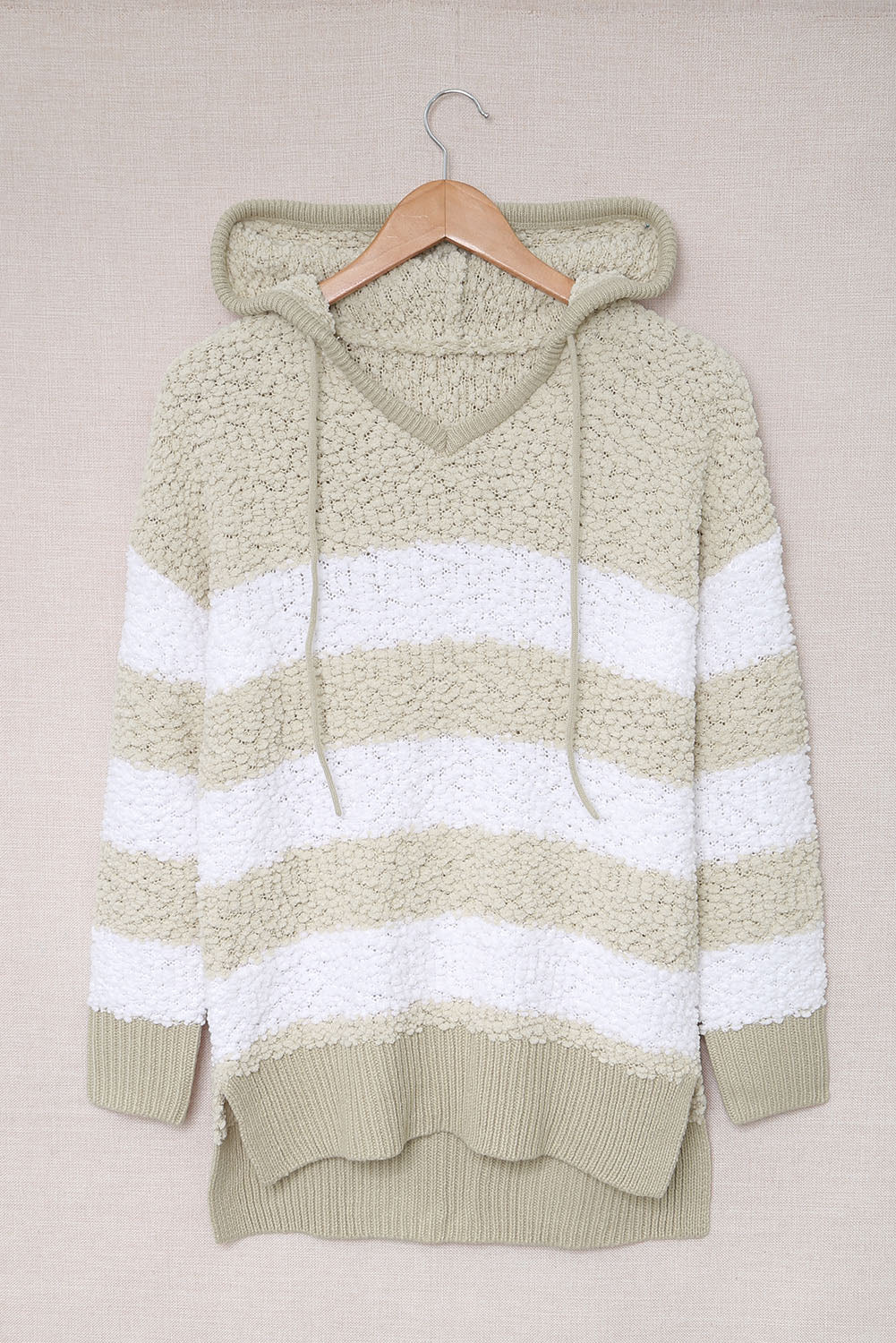 Apricot Color Block Side Slit Knitted Hooded Sweater