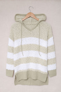 Apricot Color Block Side Slit Knitted Hooded Sweater