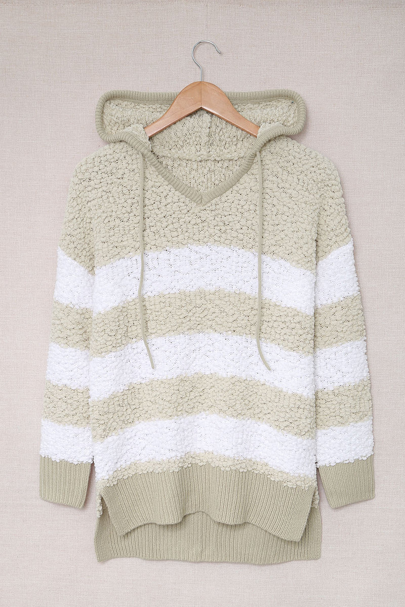 Apricot Color Block Side Slit Knitted Hooded Sweater