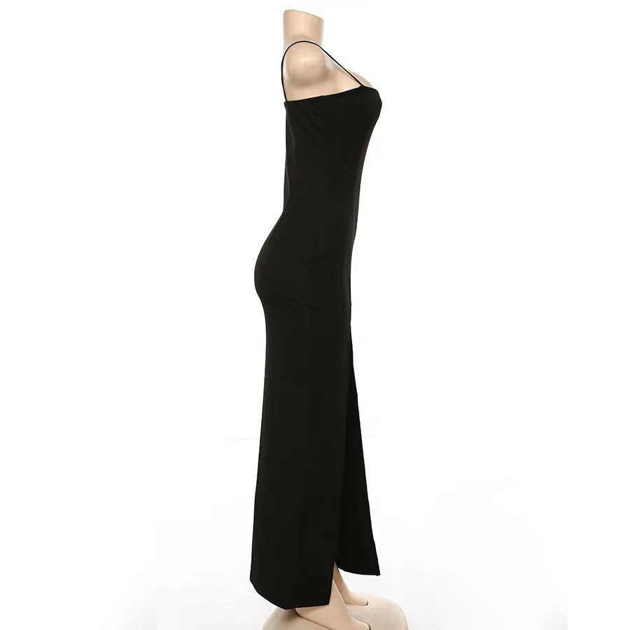 2024 Women's Sexy Sleeveless Slit Black Dress Summer High Waist Open Back Slim Fit Long Party Club Slip Dress