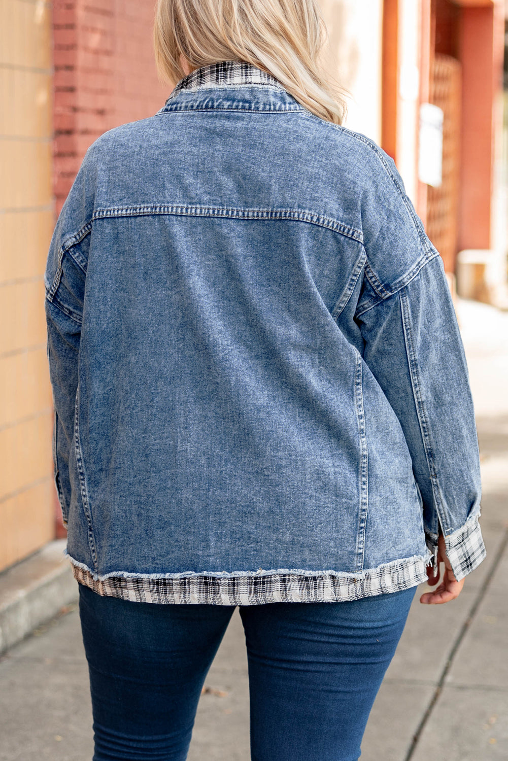 Sky Blue Plaid Hem Splicing Plus Size Denim Jacket