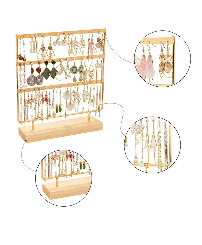 Earring Stand Wooden Base Jewelry Towel with Holes Hanging Jewelry Organizer Large Metal Holder for Earrings Ear Stud Necklace