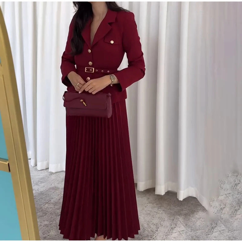 Elegant Women's Two Pieces Set Single-breasted Lapel Large Size Coat Belt Pleated Midi Skirt Suit 2025 Lady New In Matching Sets